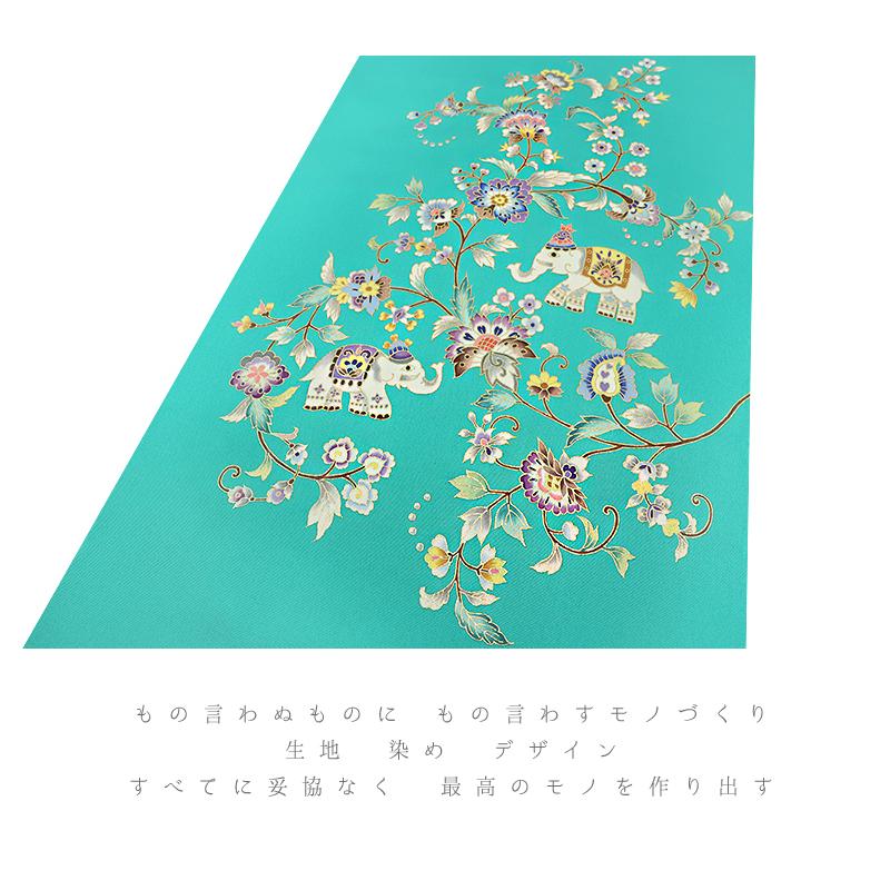 岡重 九寸名古屋帯 金彩加工 京友禅 正絹 五泉 駒塩瀬 エメラルドグリーン 象 更紗柄 未仕立て 染帯 九寸帯 反物 友禅染 着物 No.88-3053の画像