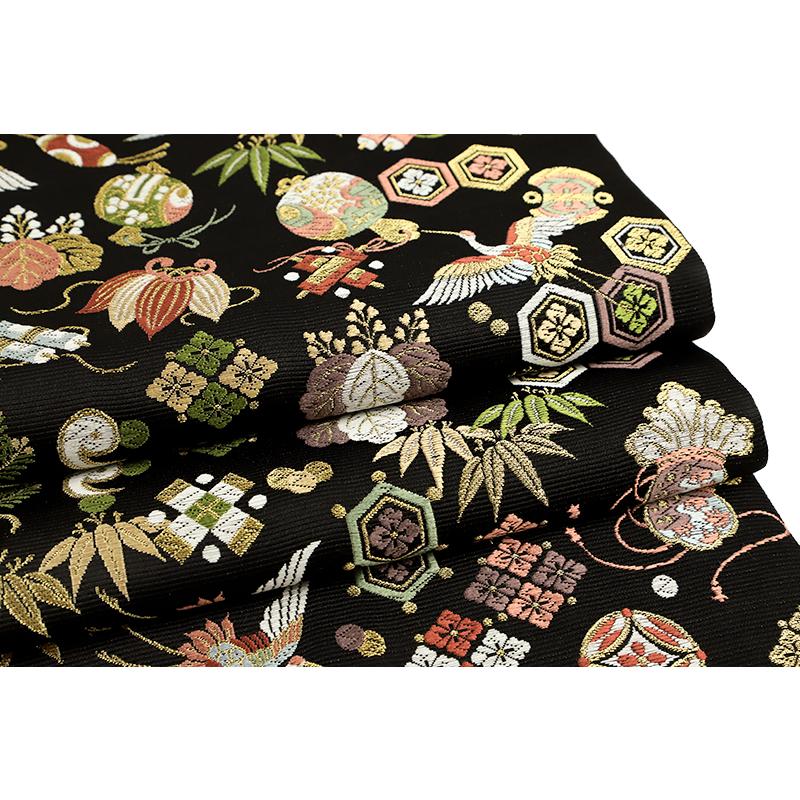 新品未仕立 西陣織 袋帯 山下織物 招福宝尽くし アイボリー 仕立込 京都西陣織：老舗 山下織物謹製」 招福宝尽くし 黒色 フォーマル 正絹