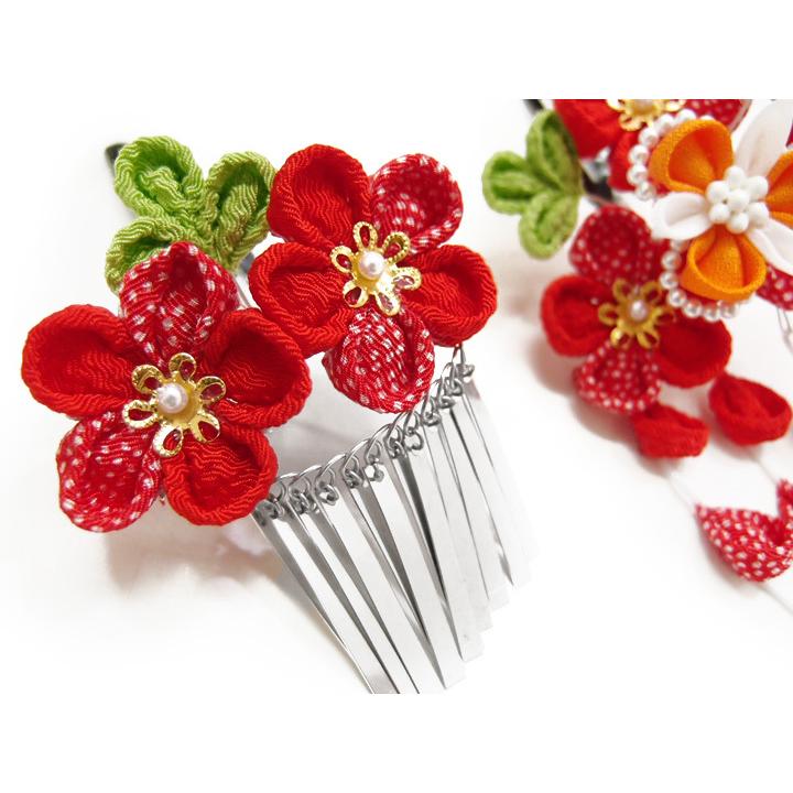 七五三 髪飾り 三歳 七歳 日本髪 つまみ細工 赤 花 2個セット パッチン