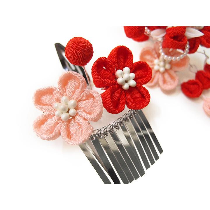 七五三 髪飾り 三歳 七歳 日本髪 つまみ細工 赤 花 2個セット ピンク