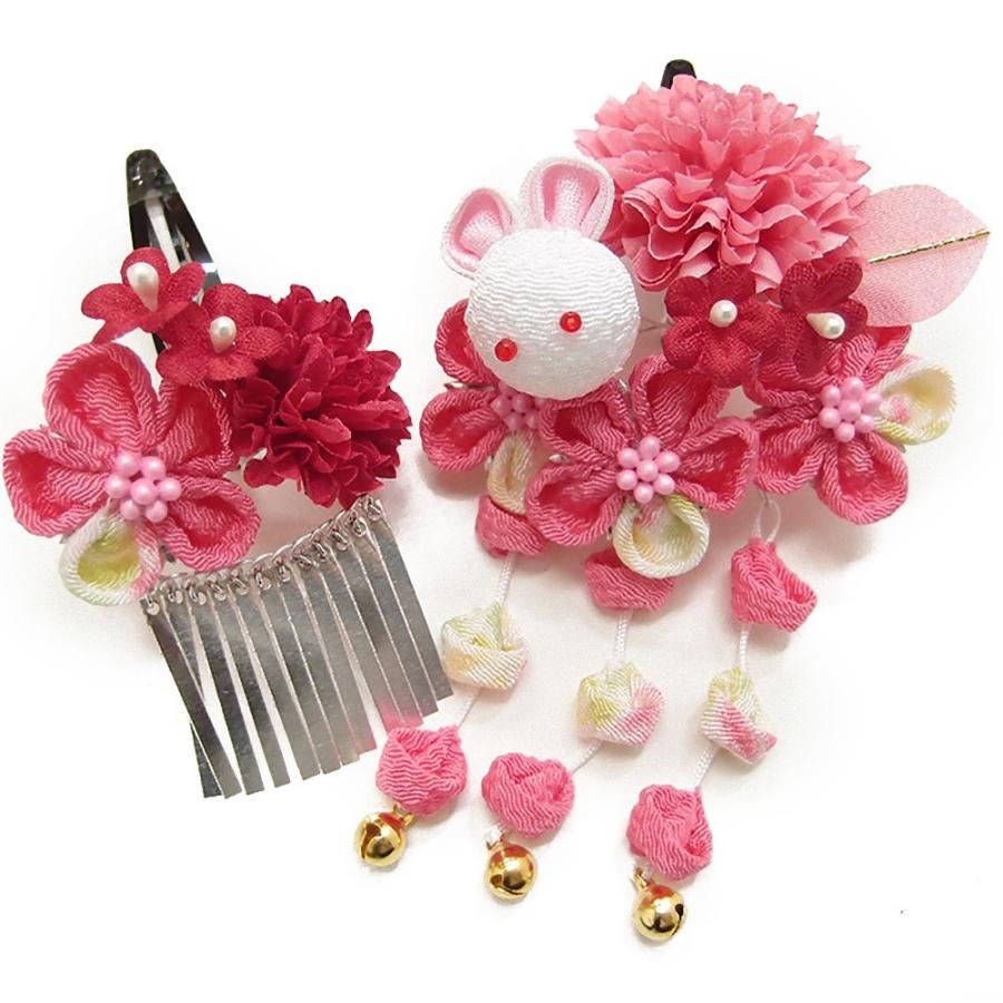 七五三 髪飾り 三歳 七歳 日本髪 つまみ細工 花 2個セット ピンク 白  