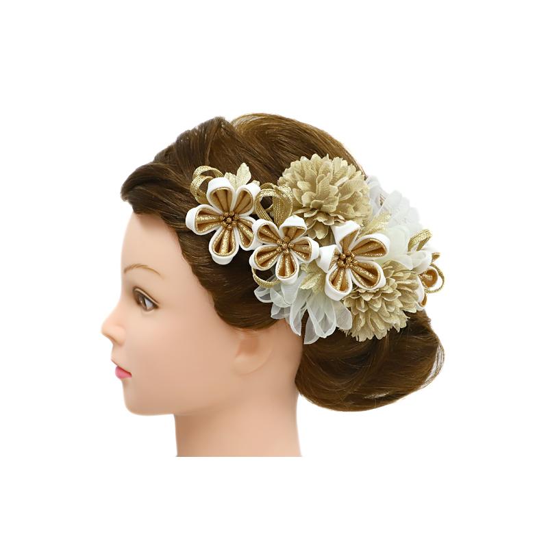 髪飾り 成人式 つまみ細工 振袖 袴 花 2点セット 白 ゴールド ちりめん