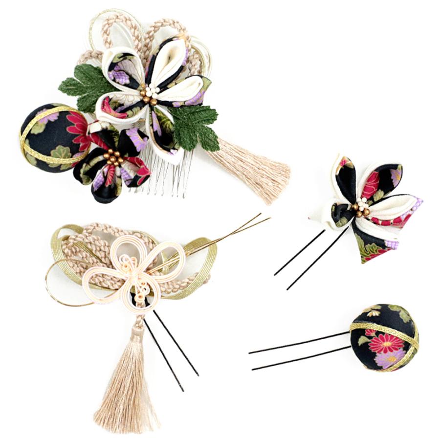 髪飾り 成人式 花 振袖 つまみ細工 前撮り 袴 4点セット 黒 ブラック 白 オフホワイト 金 ちりめん 髪型 ヘアスタイル ヘアアレンジ ドライフラワー No 9 5122 偉大な
