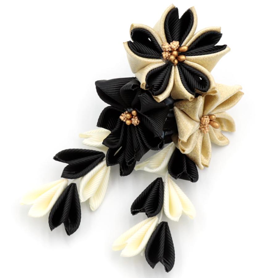 七五三 髪飾り 三歳 七歳 日本髪 花 ちりめん 黒 白 ゴールド つまみ