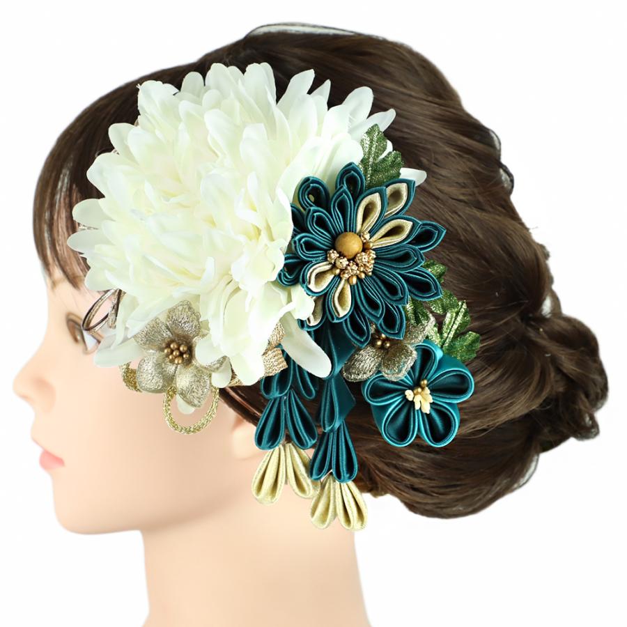 髪飾り 成人式 水引 つまみ細工 振袖 袴 2点セット 青 緑 渋緑 白