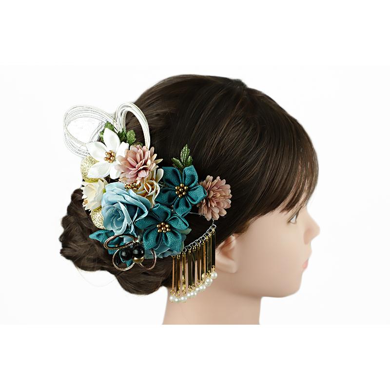 髪飾り 成人式 水引 つまみ細工 菱つまみ ビラ簪 青 振袖 袴 水色 白