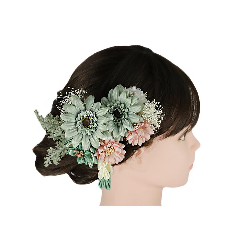 髪飾り 成人式 振袖 2点セット 緑 エメラルドグリーン ピンク 薄緑 白