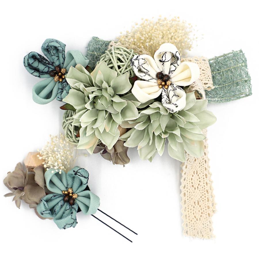 髪飾り 成人式 つまみ細工 青緑 水色 エメラルドグリーン オフホワイト