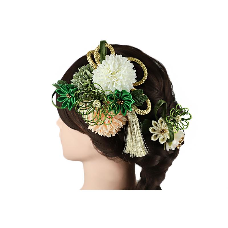 No.9-5510 ファッション 髪飾り 成人式水引 つまみ細工 緑 黄緑