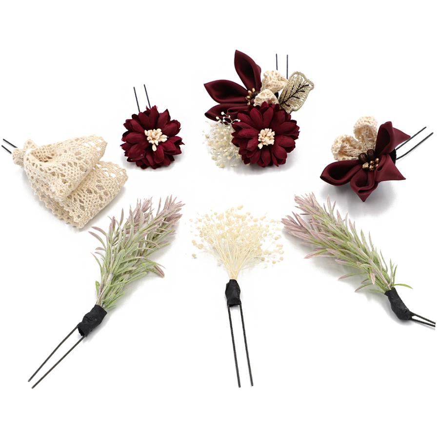 髪飾り 成人式 臙脂 ワインレッド つまみ細工 ナチュラル