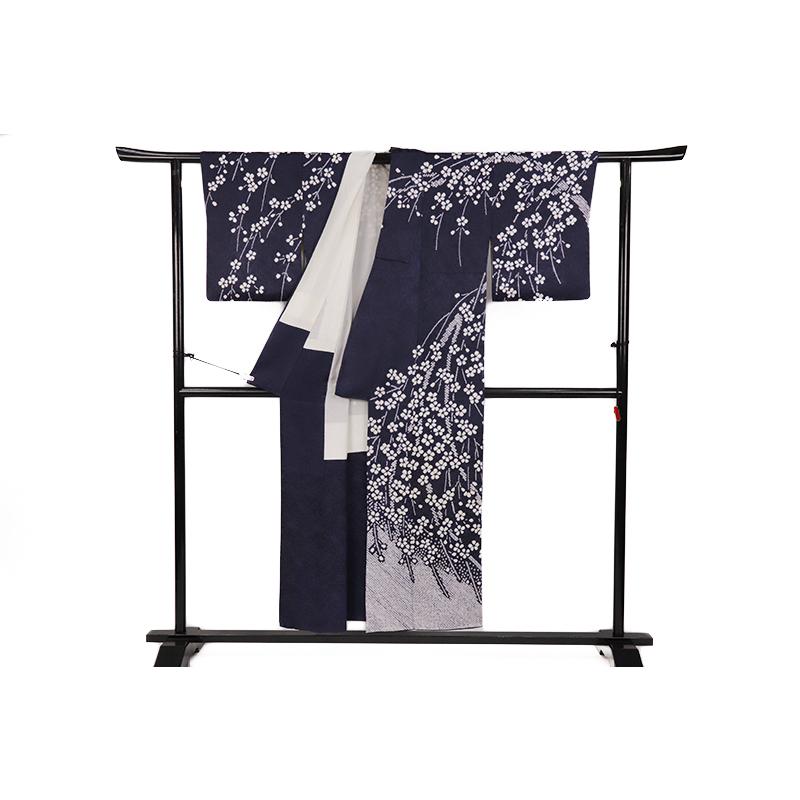 中古 訪問着 リサイクル 正絹 七五三 絞り ちりめん 紺 紫 枝垂れ桜 
