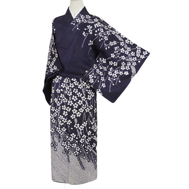 中古 訪問着 リサイクル 正絹 七五三 絞り ちりめん 紺 紫 枝垂れ桜 