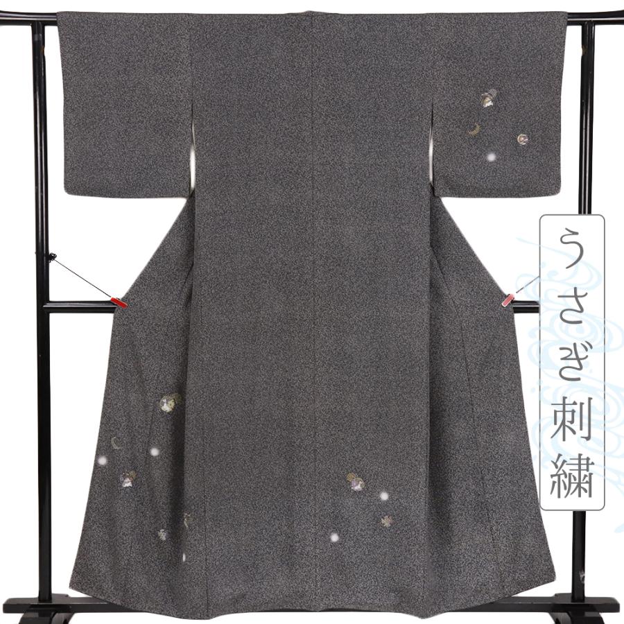 中古 訪問着 リサイクル 753 うさぎ 月 天目染 刺繍 正絹 グレー 黒 