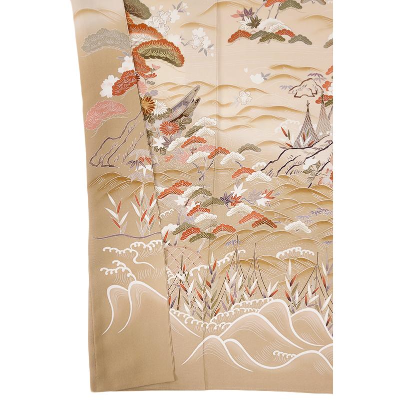中古 色留袖 リサイクル 正絹 本加工 手描友禅 着物 灰色 青 緑 松 波 