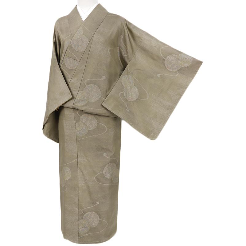 中古 大島紬 正絹 リサイクル 着物 カジュアル 黄緑 手鞠 横双絣 身丈 