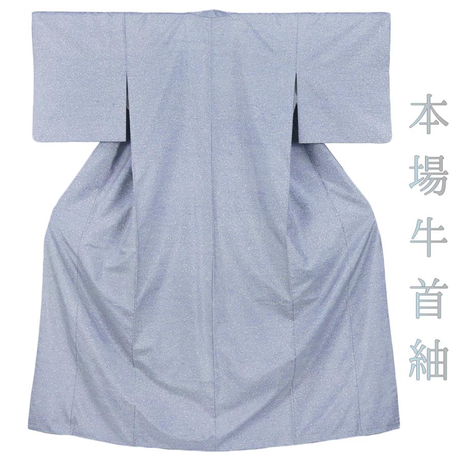 中古 牛首紬 正絹 ブルーグレー 着物 カジュアル 蒔糊染