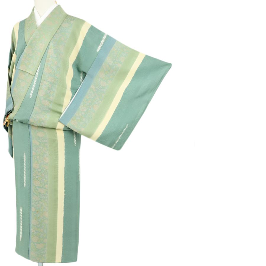 正絹 茶 絞り ちりめん 辻が花 パールトーン加工 反物 中古 小紋 正絹 辻が花 着物 リサイクル 絞り ちりめん 緑 青 縞 綸子