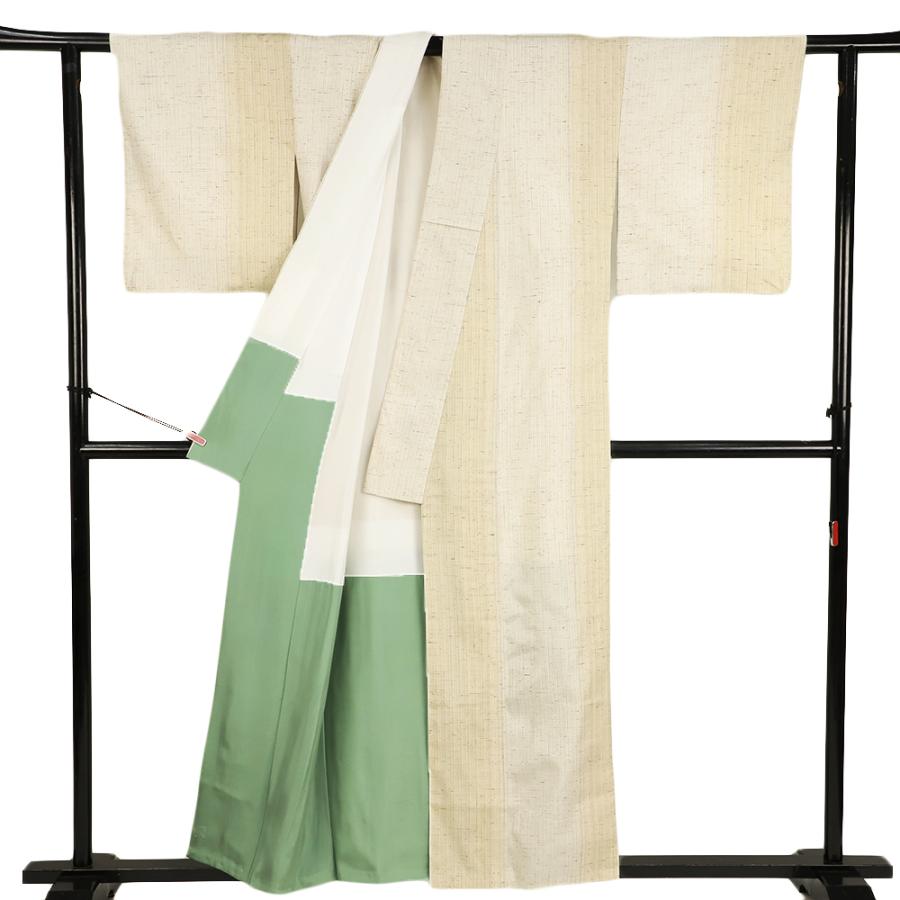 紬 米沢紬 ぜんまい紬 着物 正絹 生成り 縞 身丈160.5cm 裄64cm M