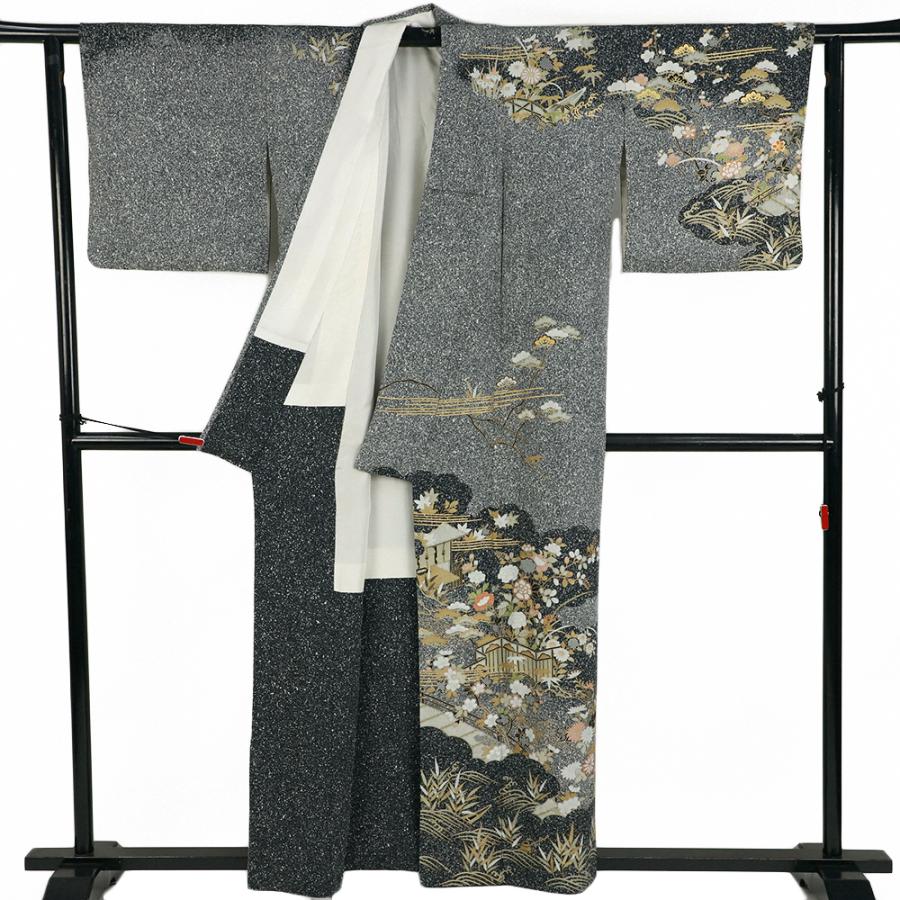 訪問着 正絹 黒地 リサイクル 白 花 梅 菊 桔梗 牡丹 雲 萩 松 訪問着 正絹 黒地 リサイクル 白 花 梅 菊 桔梗 牡丹 雲 萩 松