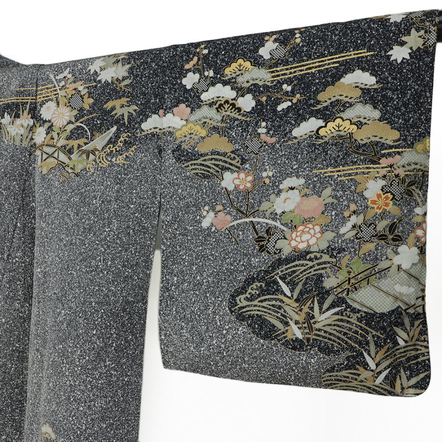 訪問着 正絹 黒地 リサイクル 白 花 梅 菊 桔梗 牡丹 雲 萩 松 訪問着 正絹 黒地 リサイクル 白 花 梅 菊 桔梗 牡丹 雲 萩 松