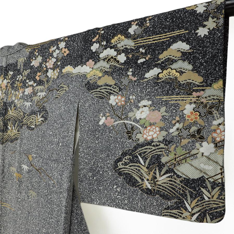 訪問着 正絹 黒地 リサイクル 白 花 梅 菊 桔梗 牡丹 雲 萩 松 笹 紅葉