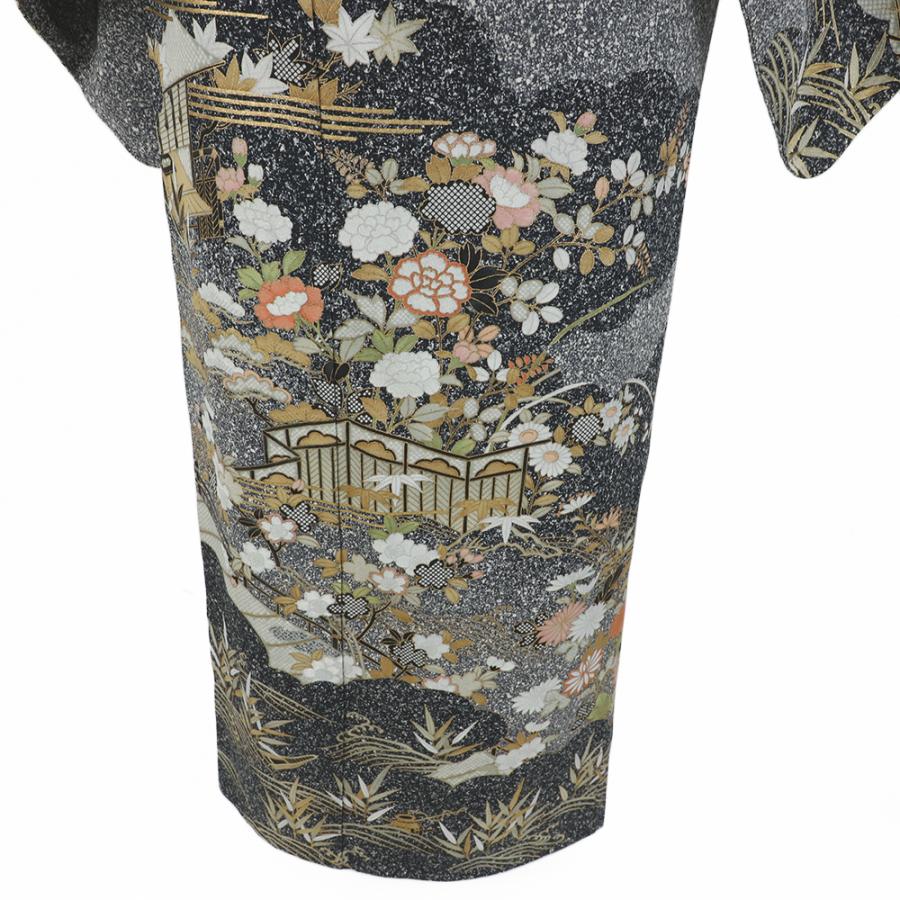 訪問着 正絹 黒地 リサイクル 白 花 梅 菊 桔梗 牡丹 雲 萩 松 訪問着 正絹 黒地 リサイクル 白 花 梅 菊 桔梗 牡丹 雲 萩 松