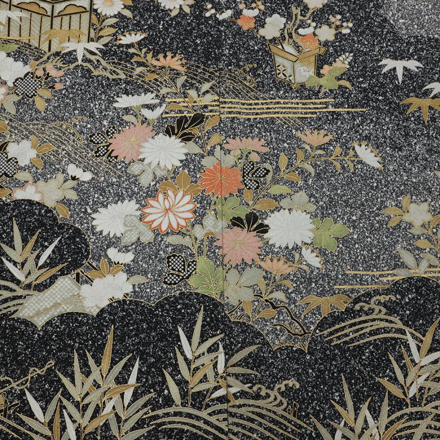 訪問着 正絹 黒地 リサイクル 白 花 梅 菊 桔梗 牡丹 雲 萩 松 笹 紅葉 
