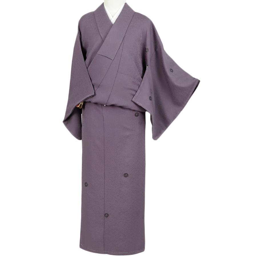 小紋 正絹 リサイクル 着物 中古 一つ紋 紫 花の丸 印伝 漆華染