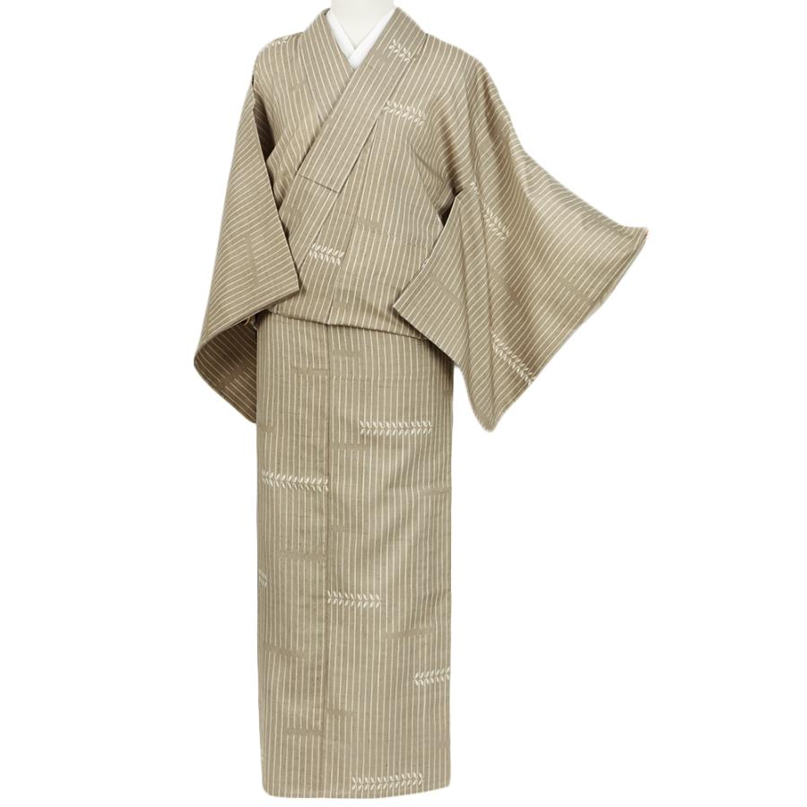 紬 単衣 正絹 リサイクル 着物 中古 薄茶 ベージュ 草木 身丈161.4cm