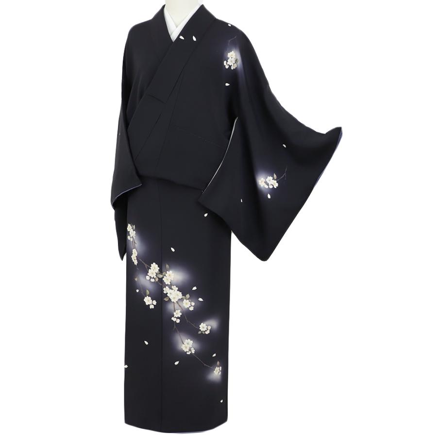 訪問着 正絹 桜 紺 七五三 リサイクル 着物 中古 身丈168cm 裄
