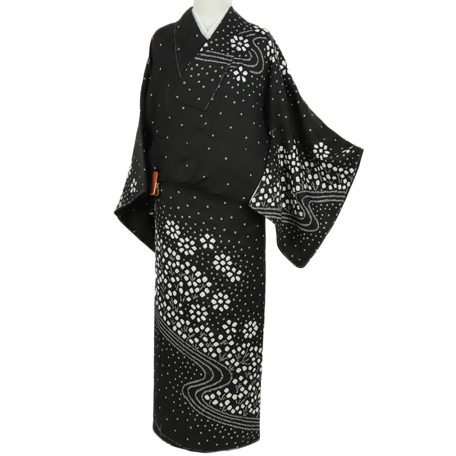 訪問着 正絹 七五三 着物 桜 黒地 流水 菊 絞り 手染め 綸子 身丈164.5