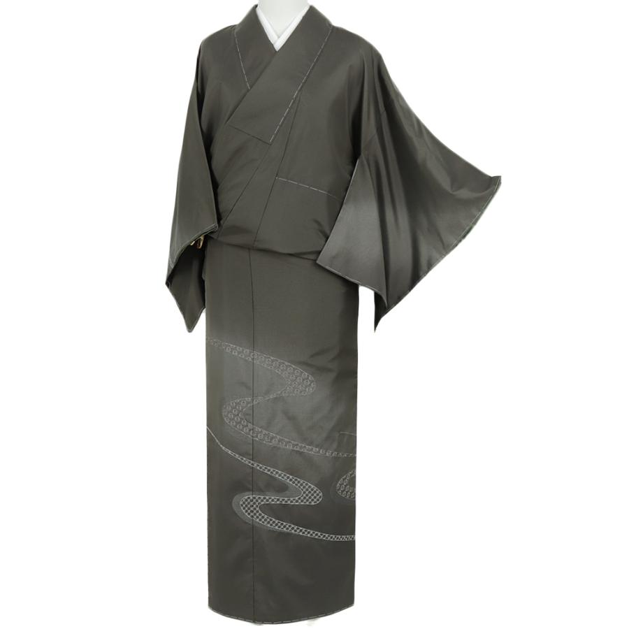 大島紬 訪問着 正絹 リサイクル 着物 中古 こげ茶 流水 幾何学模様 