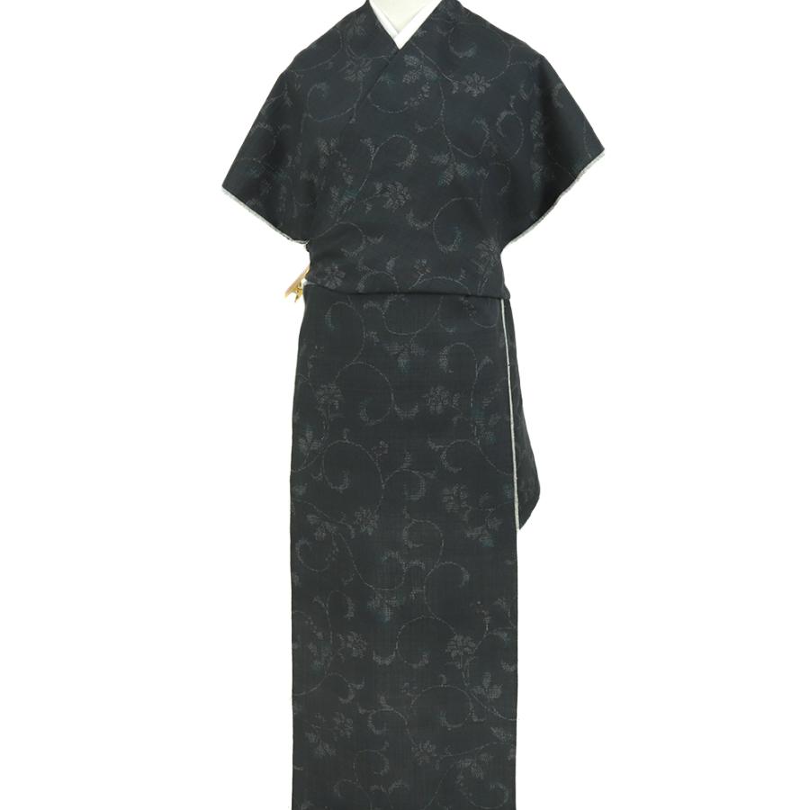 結城紬 反物 中古 正絹 紺 花唐草 未仕立て カジュアル 着物 和装 No 
