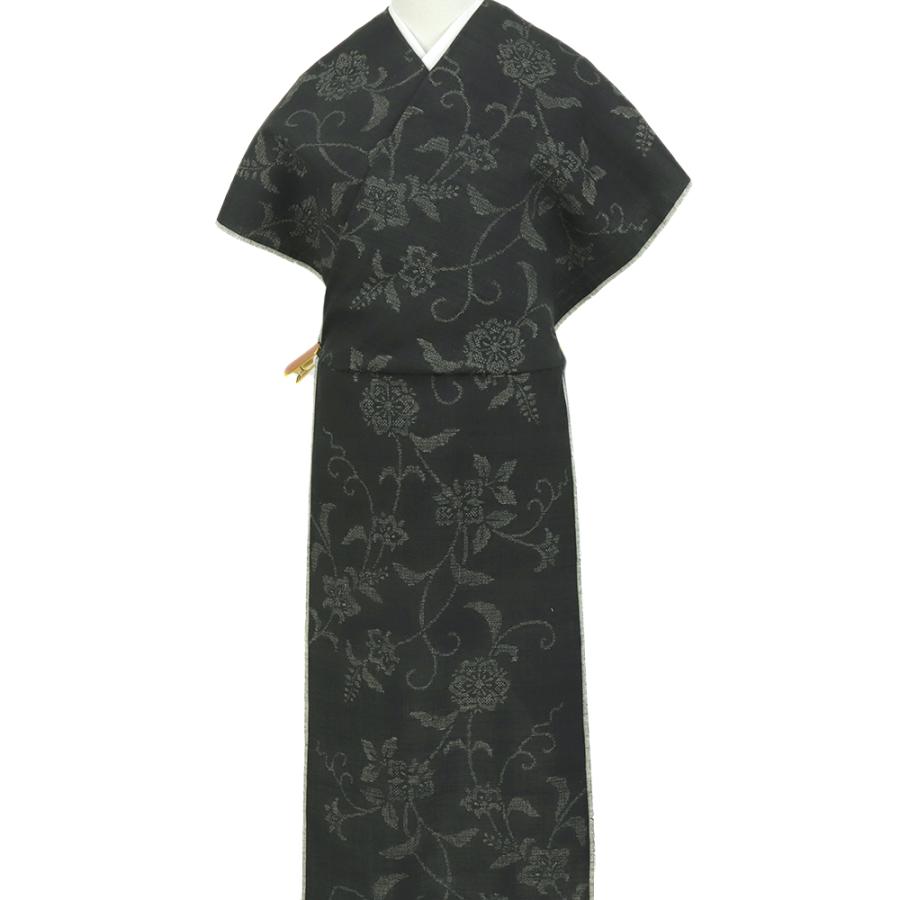 結城紬 反物 中古 正絹 洗い張り 解き反物 紺 花唐草 未仕立て