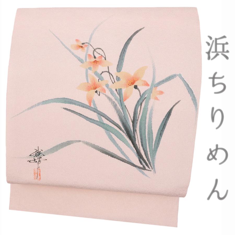 中古】 名古屋帯 リサイクル 正絹 ピンクベージュ 薄紫 花 水仙
