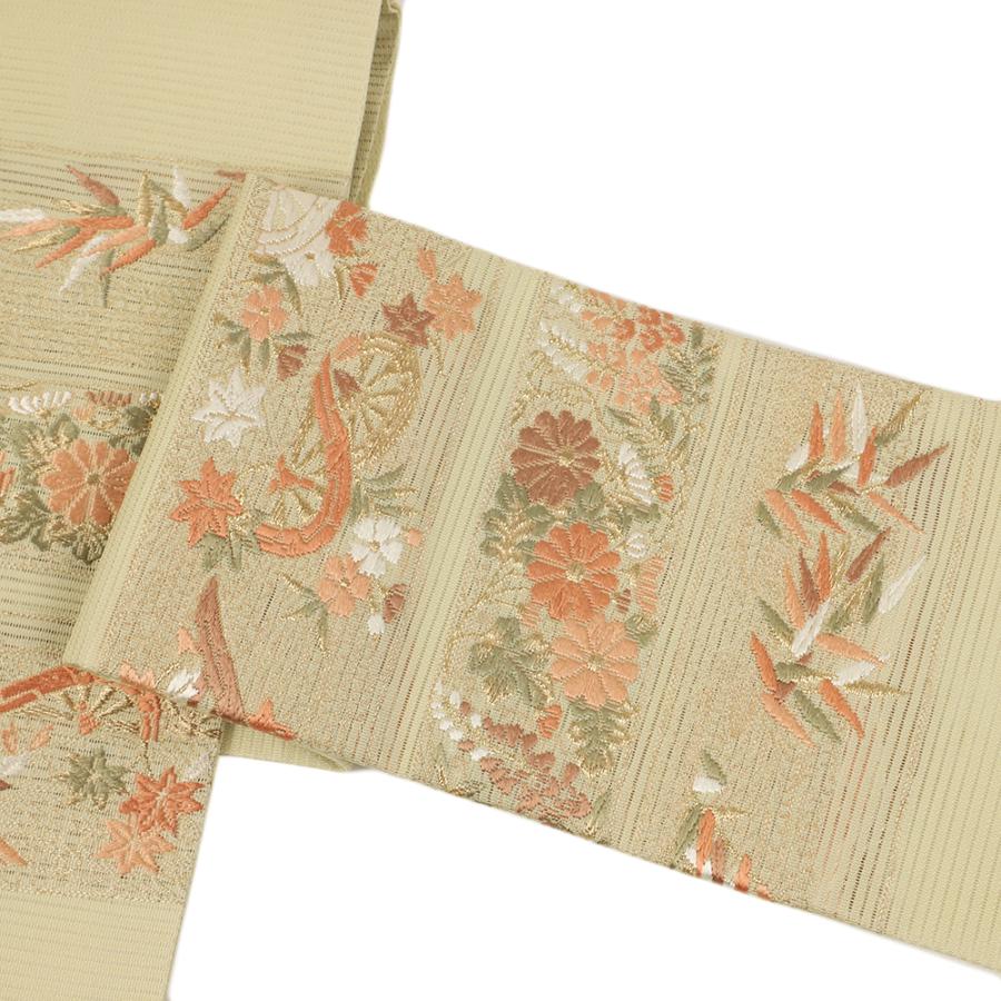 名古屋帯 夏帯 中古 カジュアル 絽 正絹 イエローベージュ 菊 藤の花