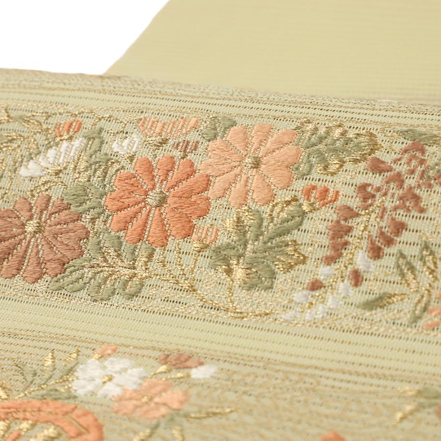 名古屋帯 夏帯 中古 カジュアル 絽 正絹 イエローベージュ 菊 藤の花