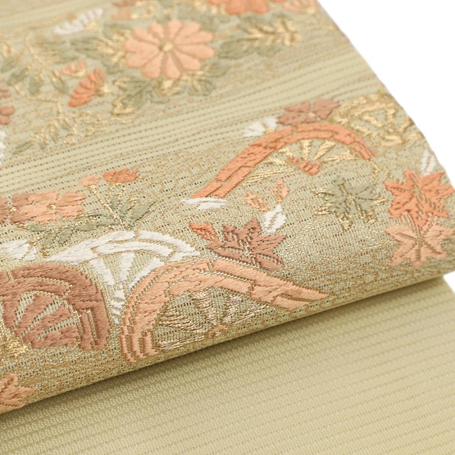 名古屋帯 夏帯 中古 カジュアル 絽 正絹 イエローベージュ 菊 藤の花