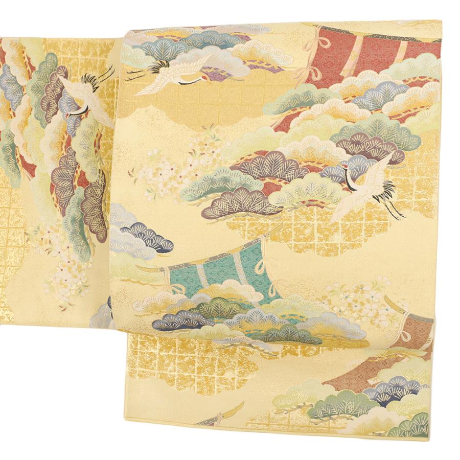 袋帯 正絹 リサイクル 金 クリーム色 松 鶴 雲 花 几帳 西陣織 紹巴織 