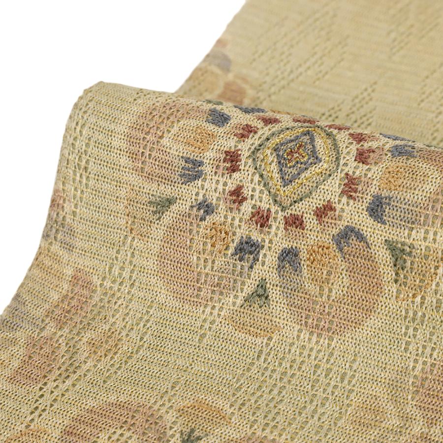 袋帯 夏帯 羅 中古 正絹 ベージュ 金 華文 菱 金通し 刺繍 友禅染