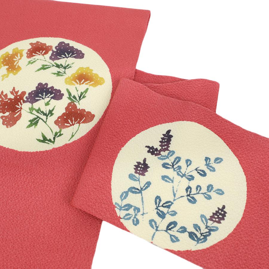 名古屋帯 型絵染 正絹 リサイクル 帯 中古 ピンク 秋草 女郎花 萩 