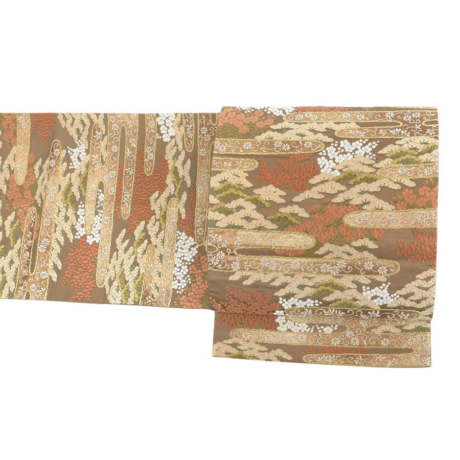 袋帯 中古 河合美術織物 唐織 茶 松 梅 霞 花唐草 なでしこ 正絹