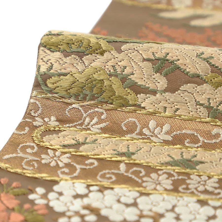 袋帯 中古 河合美術織物 唐織 茶 松 梅 霞 花唐草 なでしこ 正絹