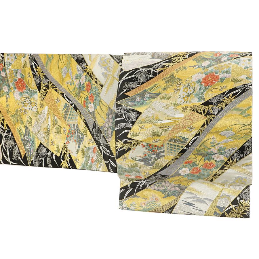 袋帯 黒地 桜 牡丹 菊 絵巻 西陣織 唐織 正絹 金糸 銀糸 引箔糸 新古品