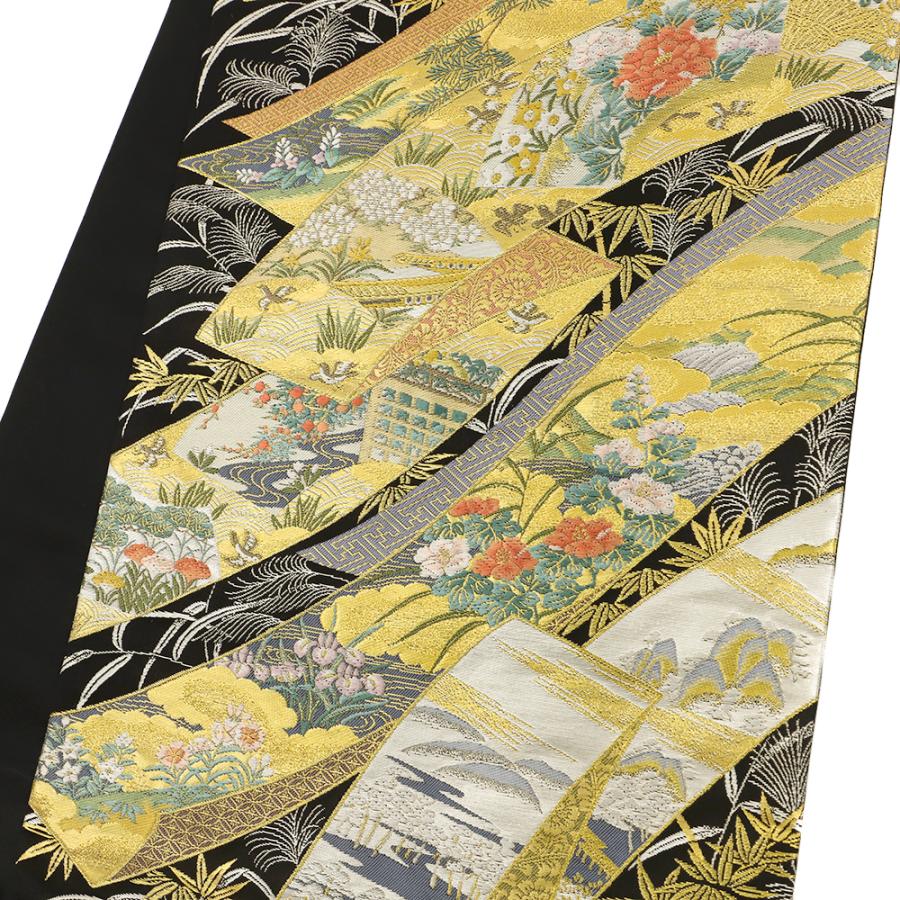 袋帯 黒地 桜 牡丹 菊 絵巻 西陣織 唐織 正絹 金糸 銀糸 引箔糸 新古品