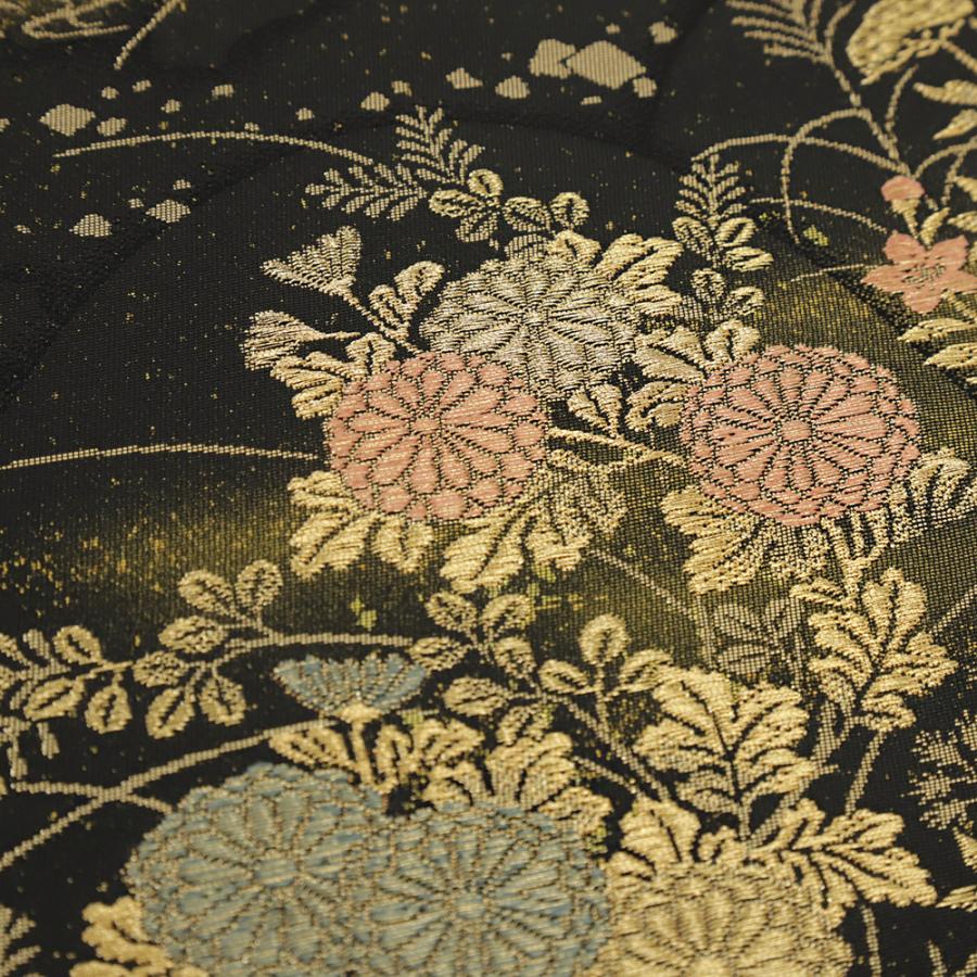 名古屋帯 黒地 金 菊 桔梗 流水 雲 中古 帯 唐織 リサイクル 着物 