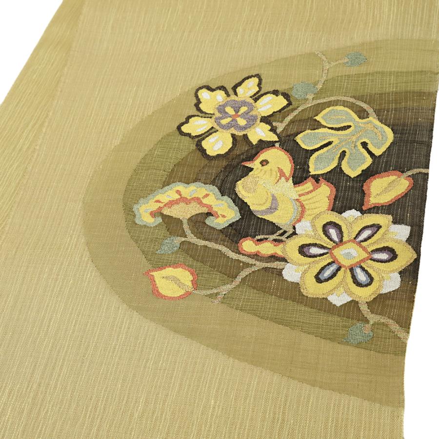 春の日セール【美品・高級すくい織】夏帯、黄基調のパステルカラー織☆名古屋帯 夏帯 袋帯 すくい織 黄金糸 正絹 金茶 花 あひる 鴛鴦 鳥 お仕立て