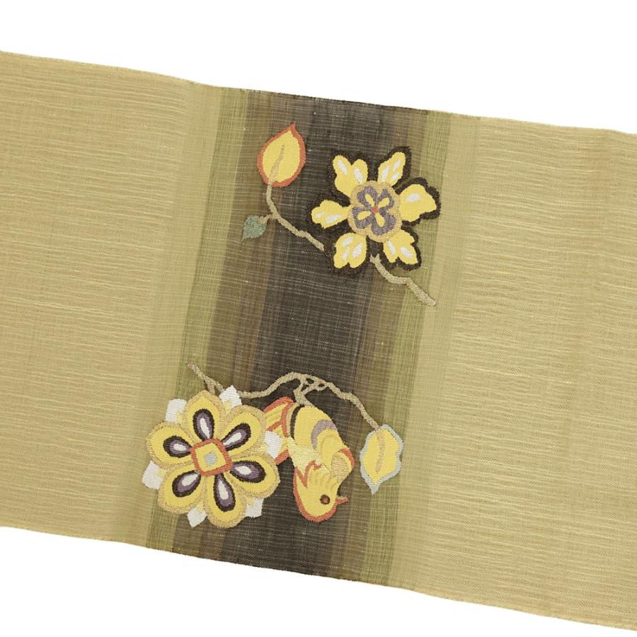 夏帯 袋帯 すくい織 黄金糸 正絹 金茶 花 あひる 鴛鴦 鳥 お仕立て