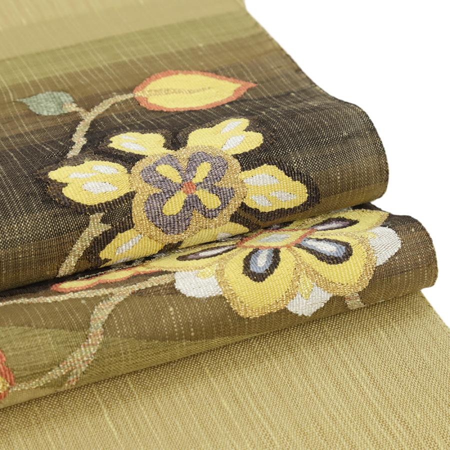 夏帯 袋帯 すくい織 黄金糸 正絹 金茶 花 あひる 鴛鴦 鳥 お仕立て