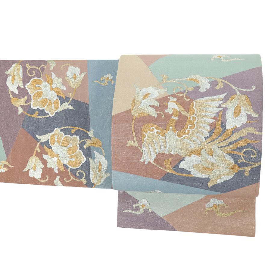 付け帯 名古屋帯 正絹 作り帯 灰色 金 鳳凰 幾何学 お太鼓 ワンタッチ